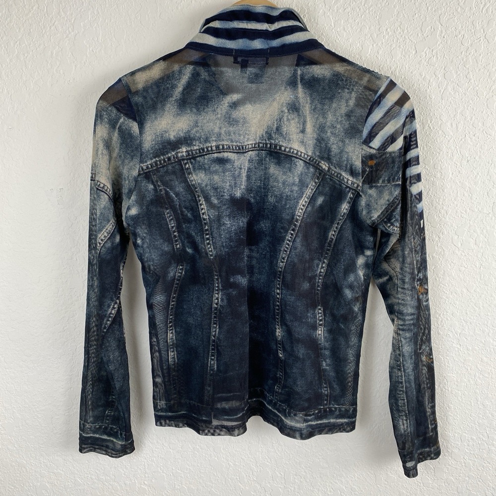 Damee M Denim Look Mesh Jacket Print Sheer Zip Rhinestone Western Wearable Art - Picture 5 of 5